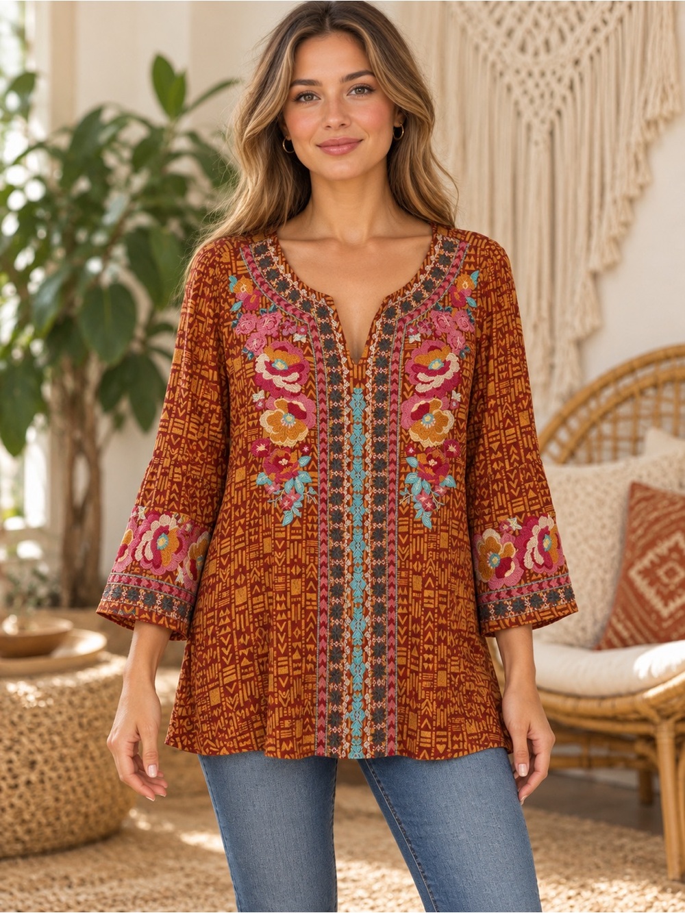 Savanna Jane Rust Tunic with Multicolor Floral Embroidery